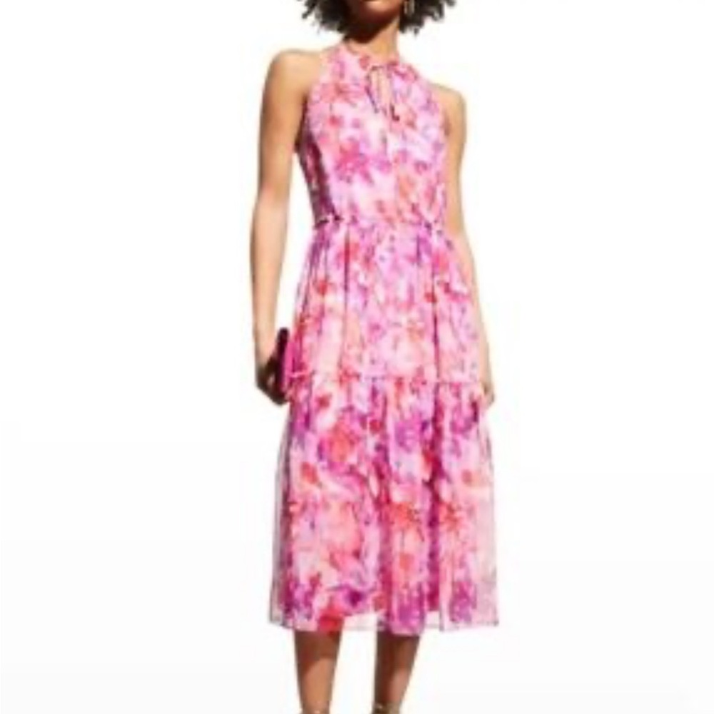 Marchesa Notte Pink Floral Halter Tiered Midi Dress New with Tags